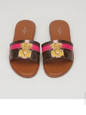 Louis Vuitton Lock It Mule 37 Monogram Trunk Print Slides NEW